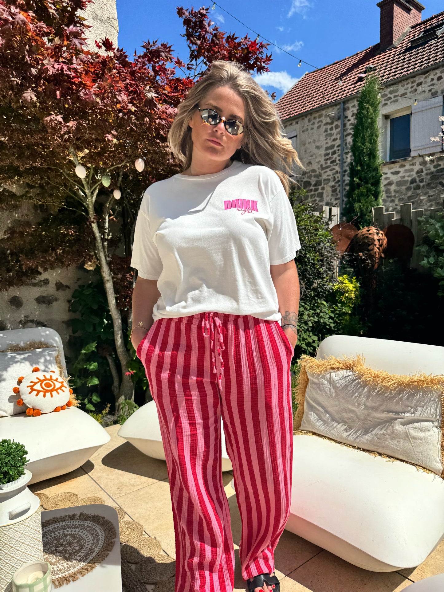 Pantalon Théo à rayure gaze de coton rose