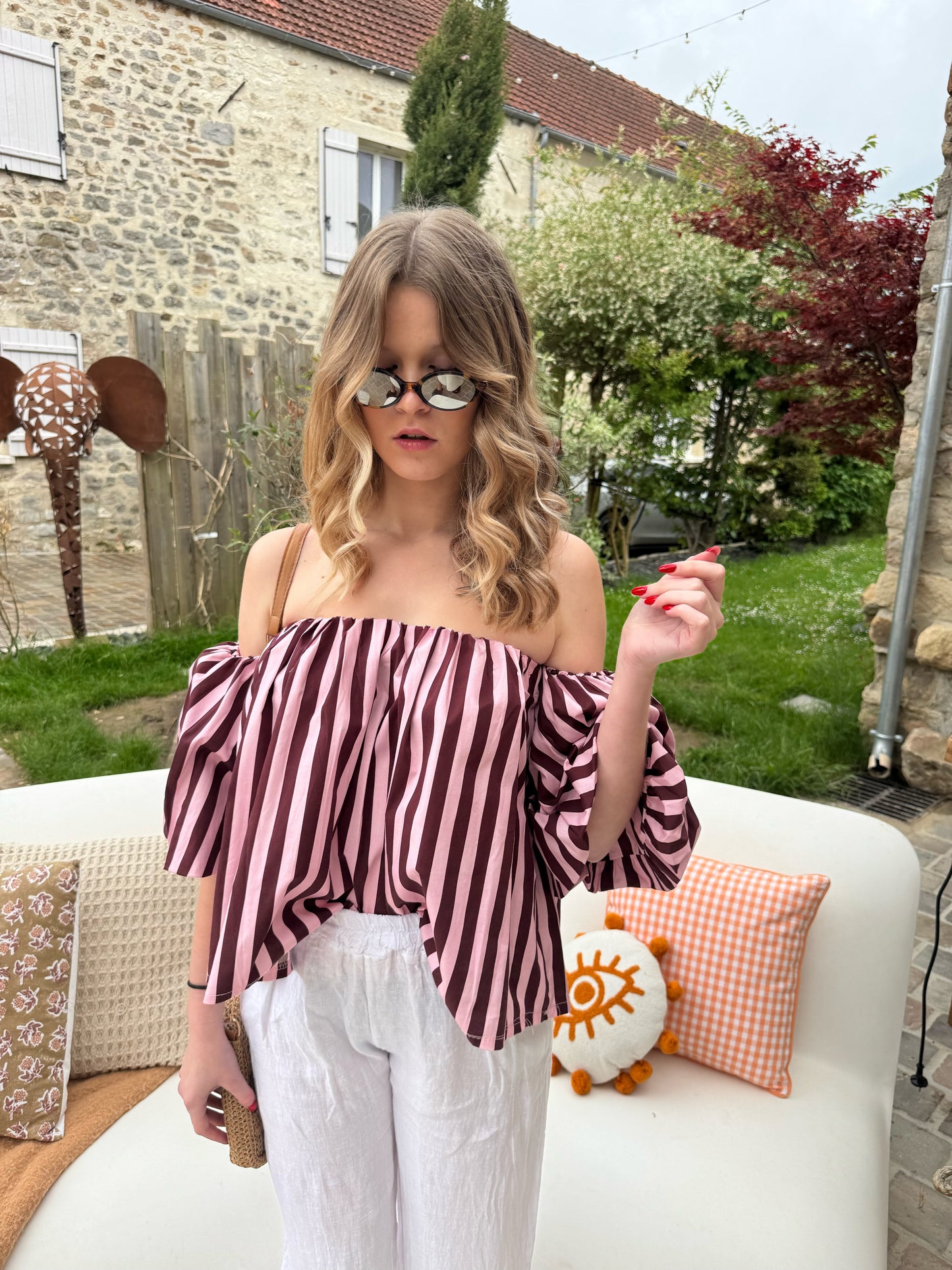 Top shoulder - rayé rose/bordeau