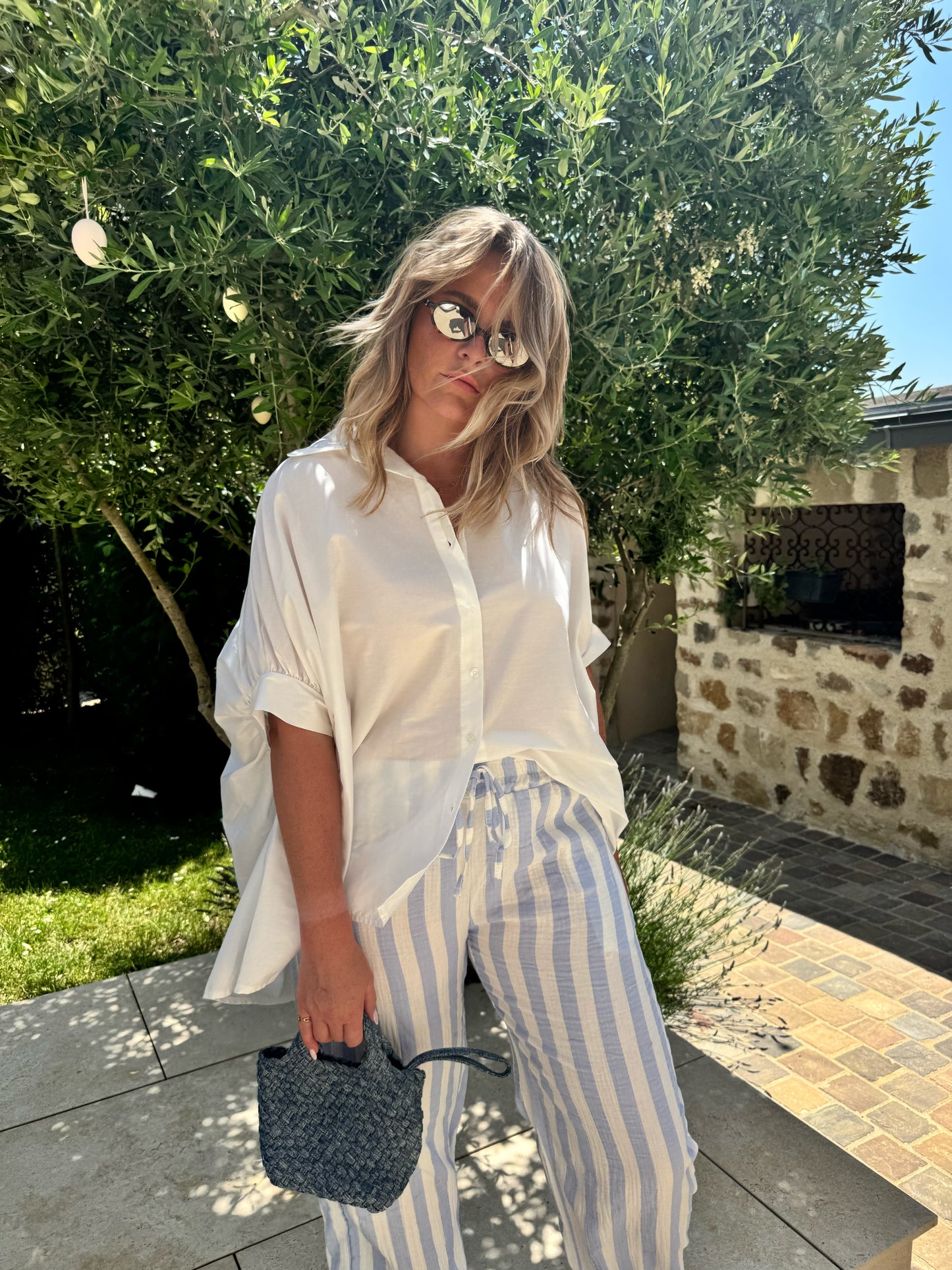Pantalon Théo à rayure gaze de coton bleu