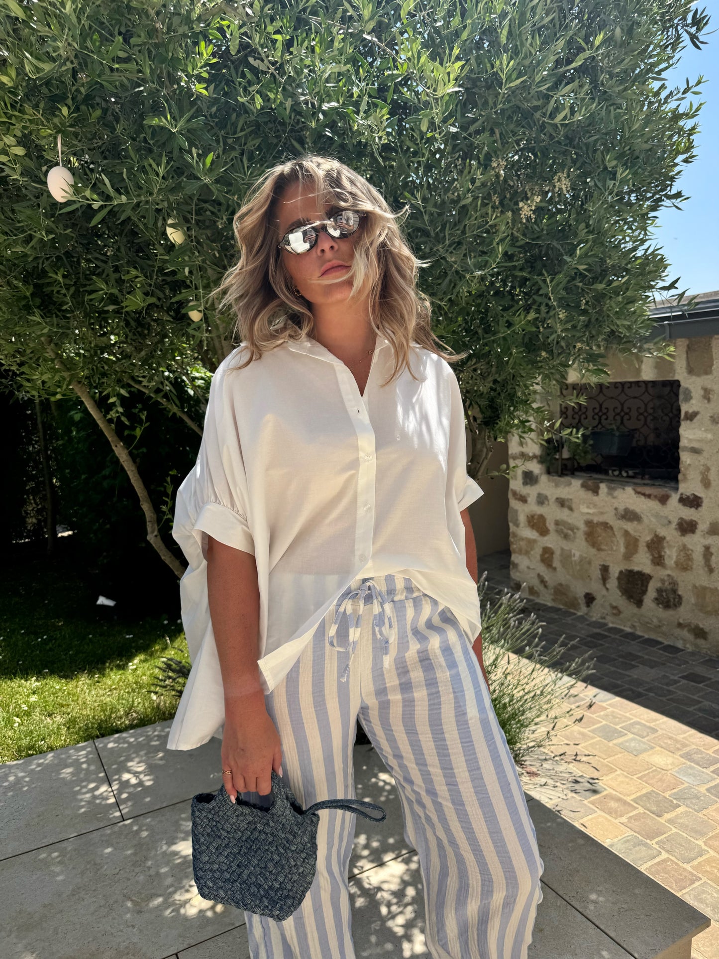 Pantalon Théo à rayure gaze de coton bleu