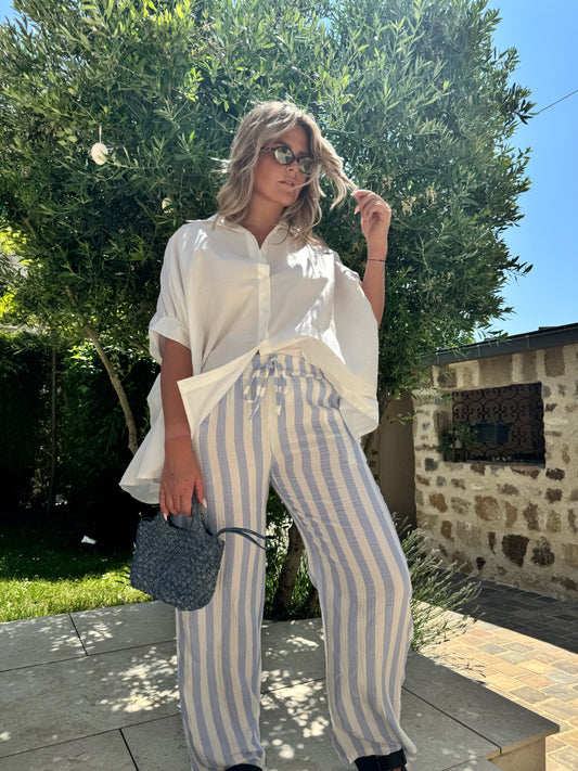 Pantalon Théo à rayure gaze de coton bleu