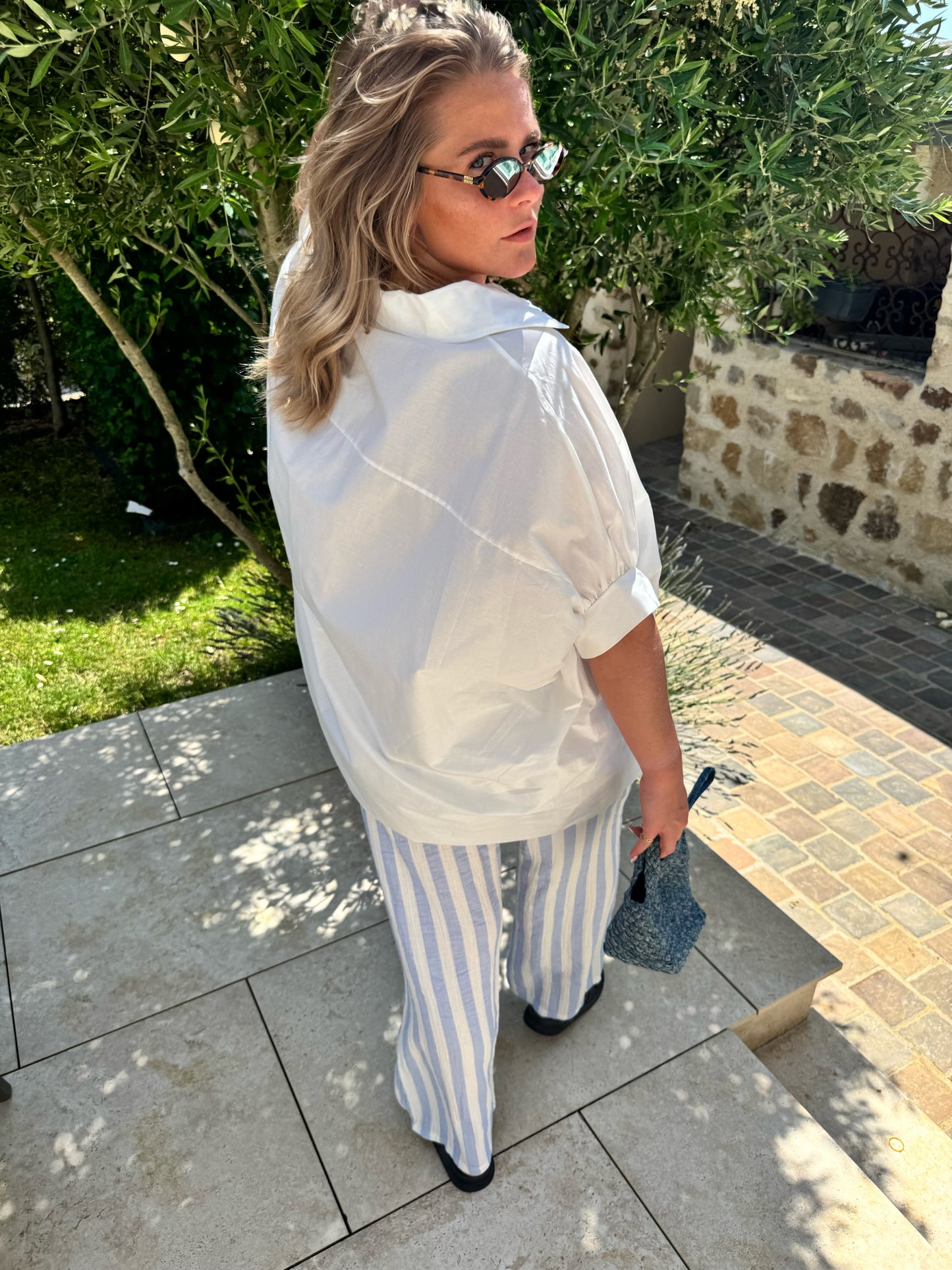 Pantalon Théo à rayure gaze de coton bleu