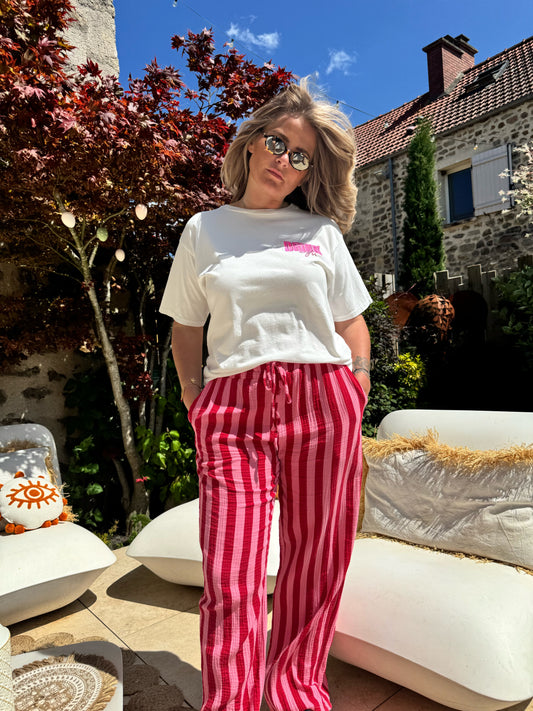 Pantalon Théo à rayure gaze de coton rose