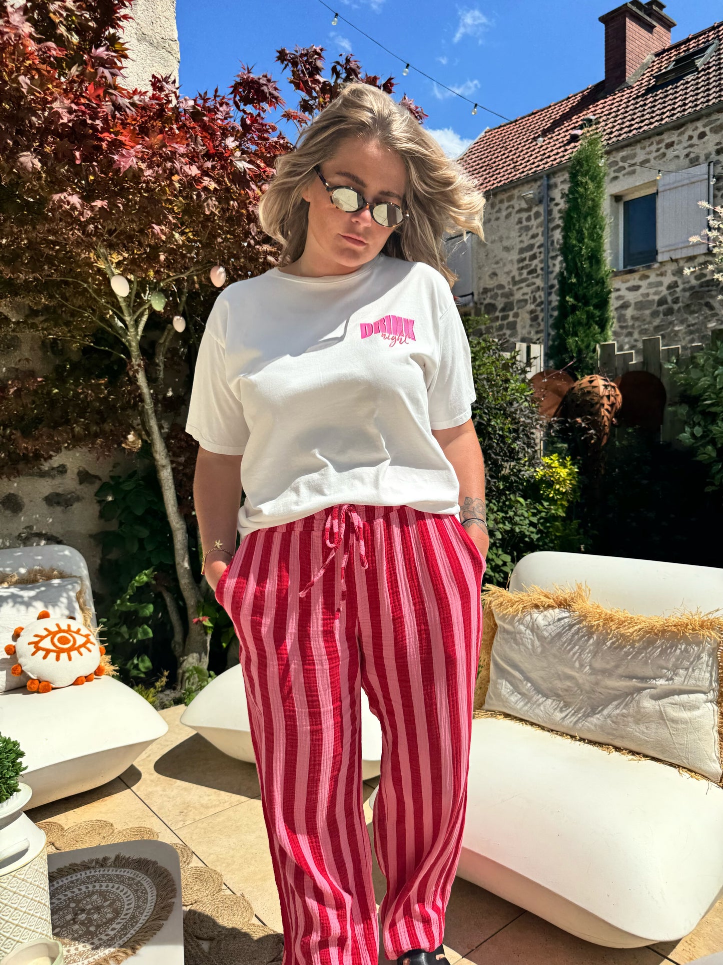 Pantalon Théo à rayure gaze de coton rose