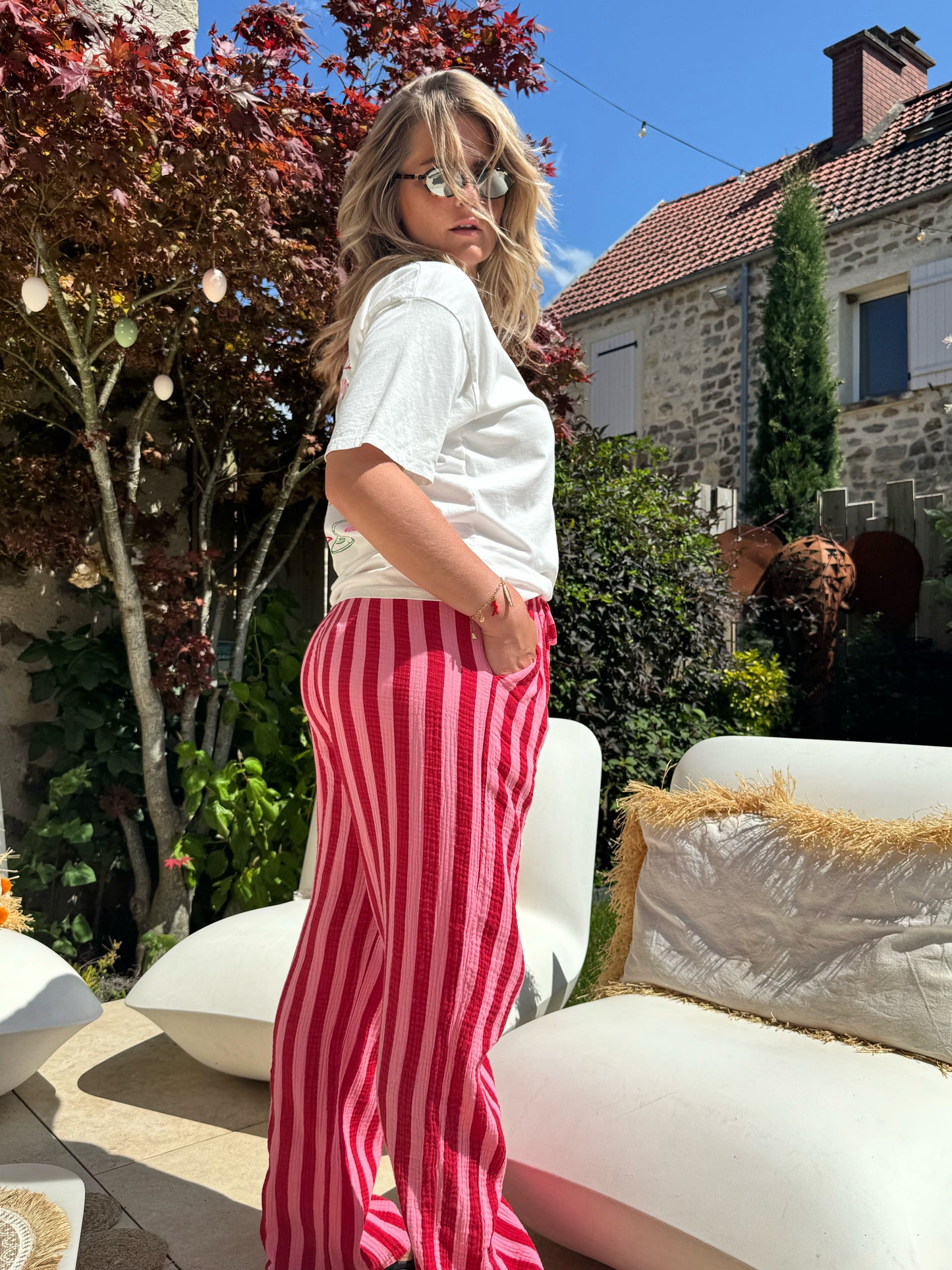 Pantalon Théo à rayure gaze de coton rose