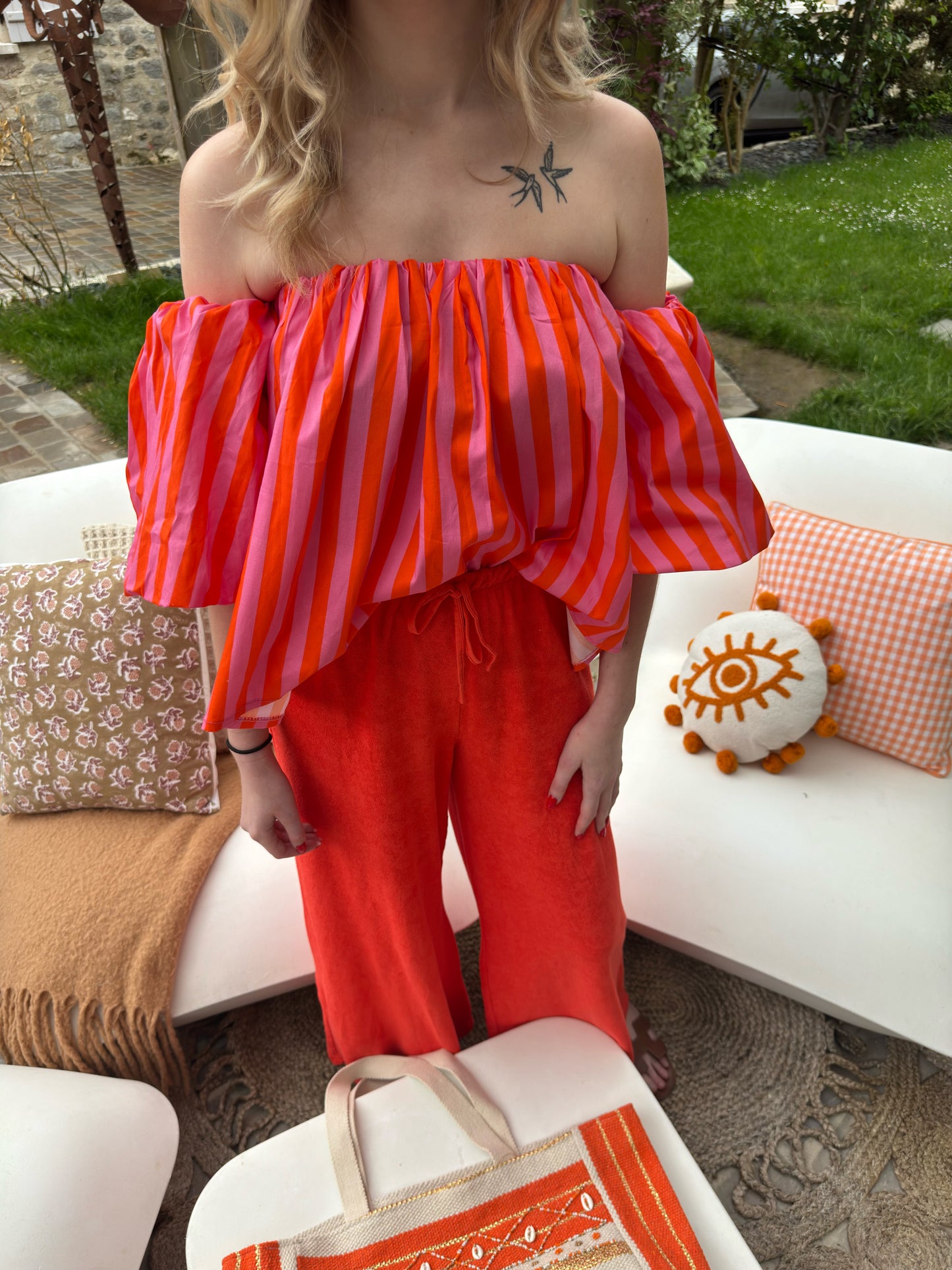 Top shoulder - rayé rose/orange