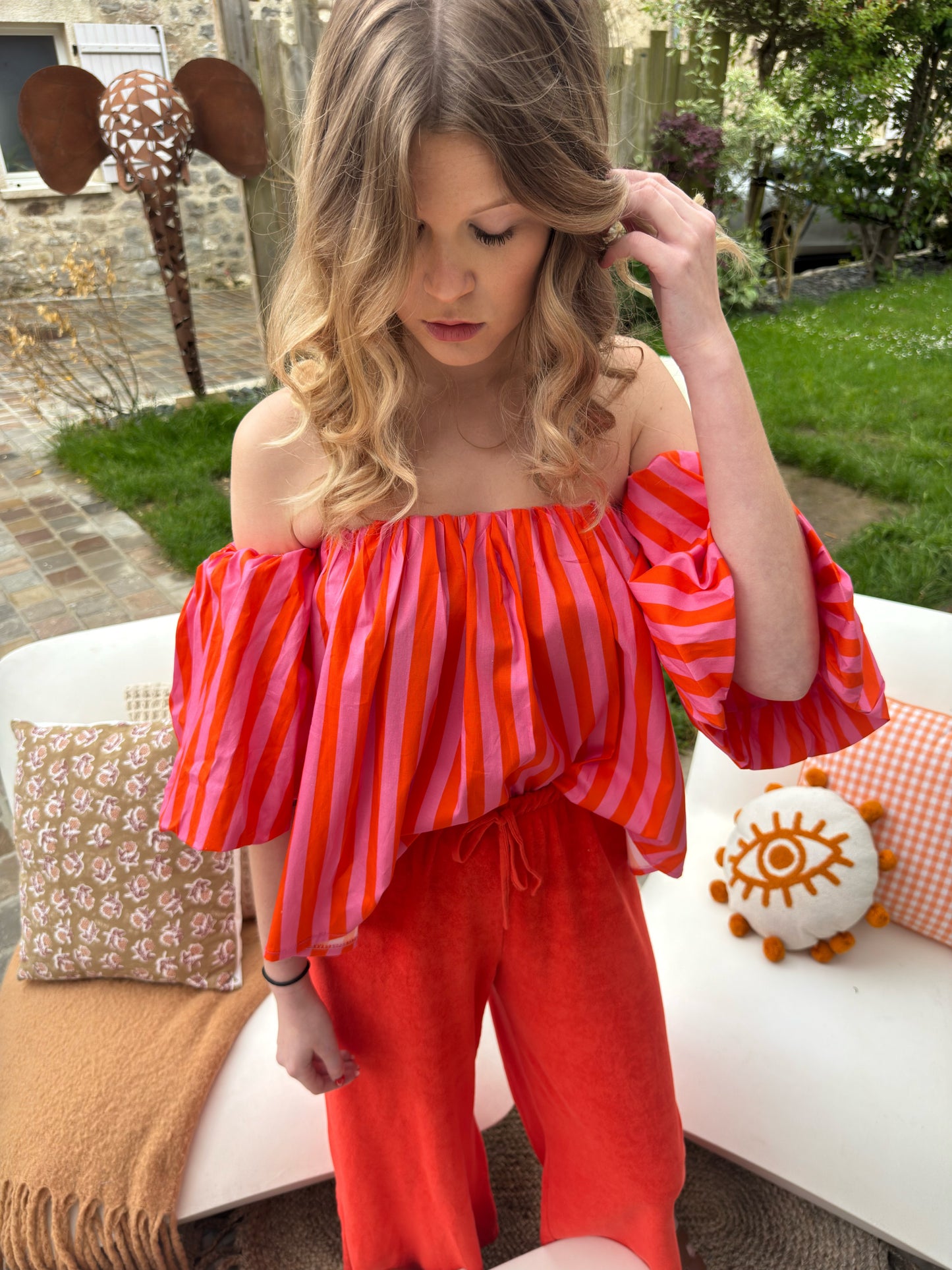 Top shoulder - rayé rose/orange