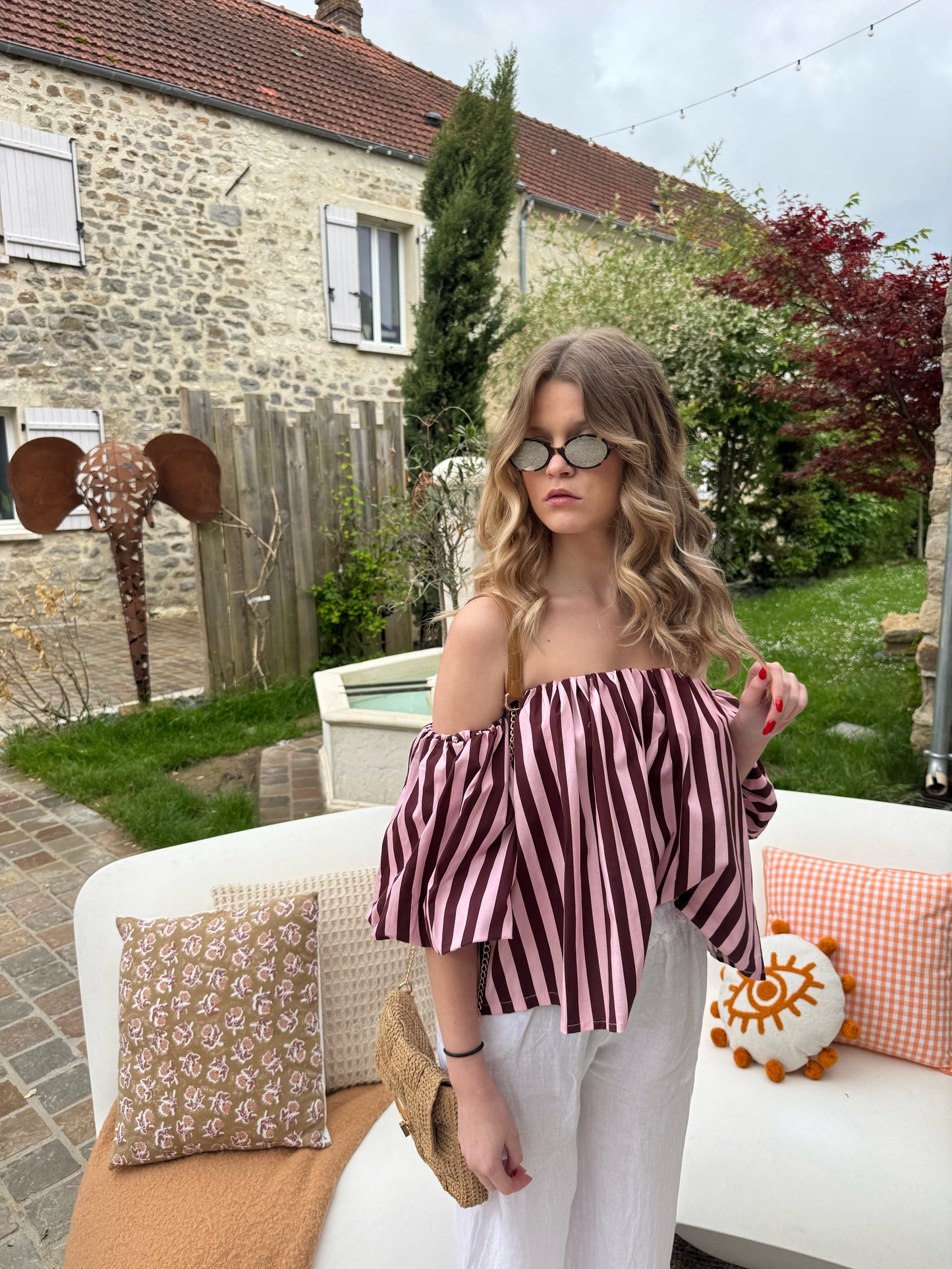 Top shoulder - rayé rose/bordeau