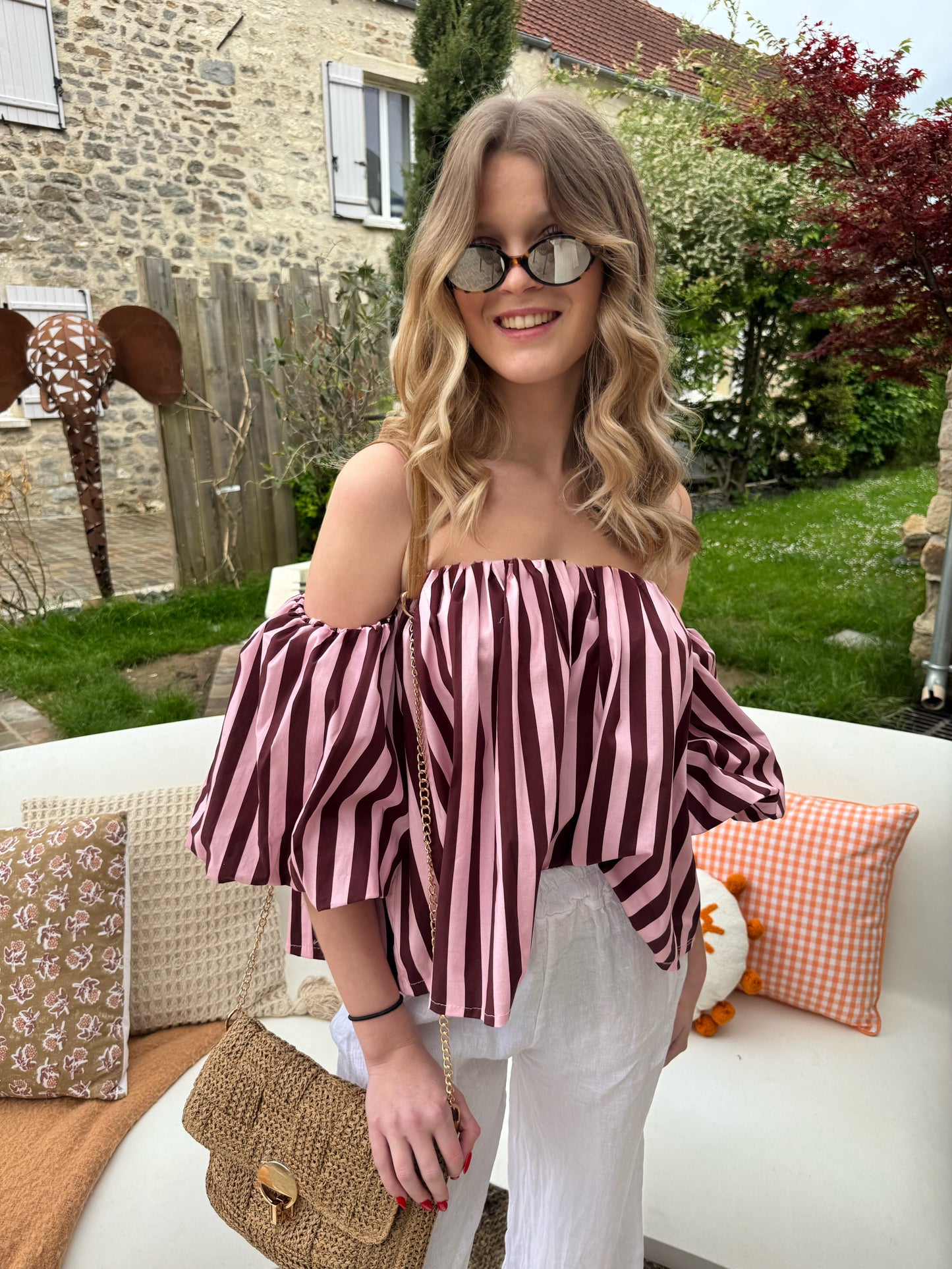 Top shoulder - rayé rose/bordeau