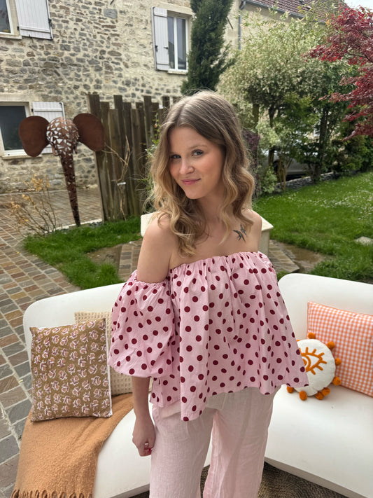 Top shoulder - à pois rose/ bordeau